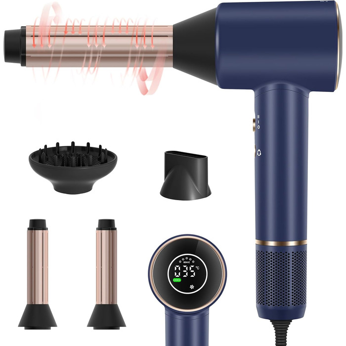 Фен PARWIN PRO BEAUTY Air-Sonic з HD-LED дисплеєм, безщітковий мотор 110000 об/хв, 2 автоматичні насадки для завивки 32 мм, потужний повітряний потік 25 м/с, швидка сушка, синій