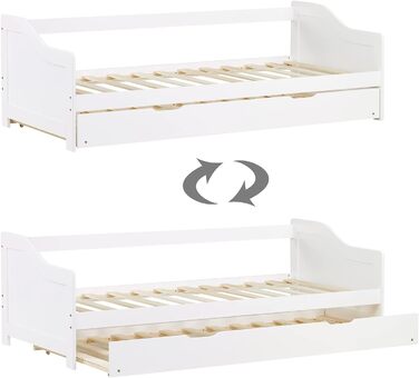 Висувне ліжко Homestyle4u 90x200 з ящиком для зберігання, з ламелями, для дітей, з дерева (сосна), білий