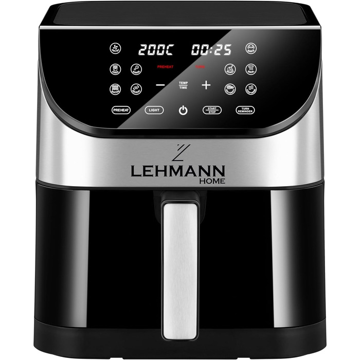 Аерофритюрниця Lehmann 6 л, 10 програм, 1500 Вт, з таймером і LED-екраном, температура 76-200°C, олії не потребує