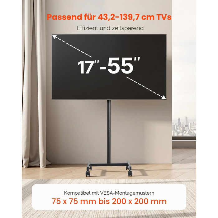 Стійка для телевізора VEVOR на колесах, 1510-1696 мм, VESA 100x100/400x600 мм, до 55