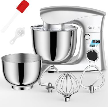 Кухонна машина-міксер Facelle 1500W з 5.5L та 4.5L чашами, 10+ програм, тиха робота, срібна