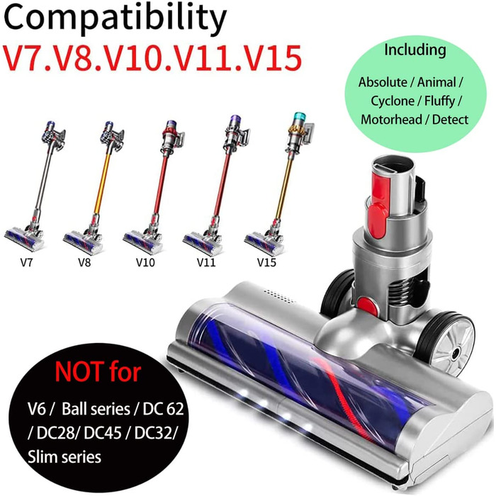 Електрощітка для пилососа Dyson V7/V8/V10/V11/V15 з підсвіткою, для твердих підлог і килимів з коротким ворсом
