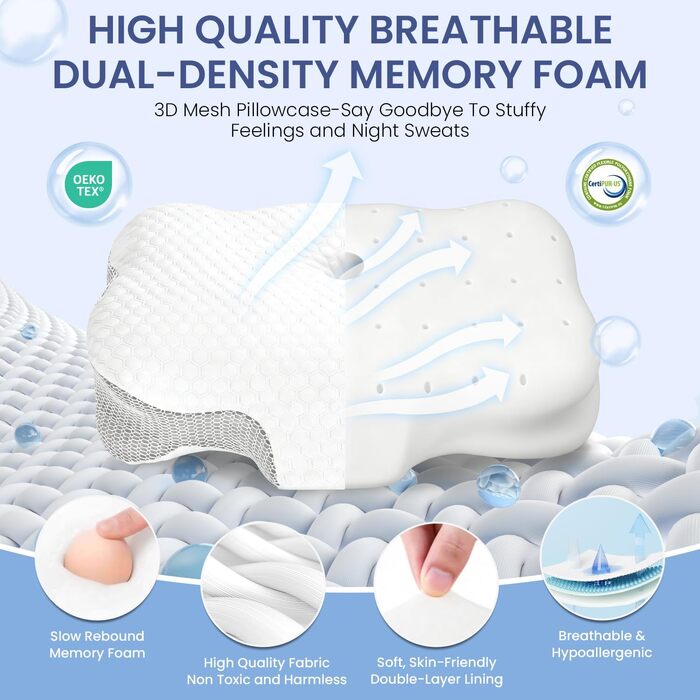 Подушка для шиї з піни Memory Foam, ортопедична для сну на боку та спині, біла