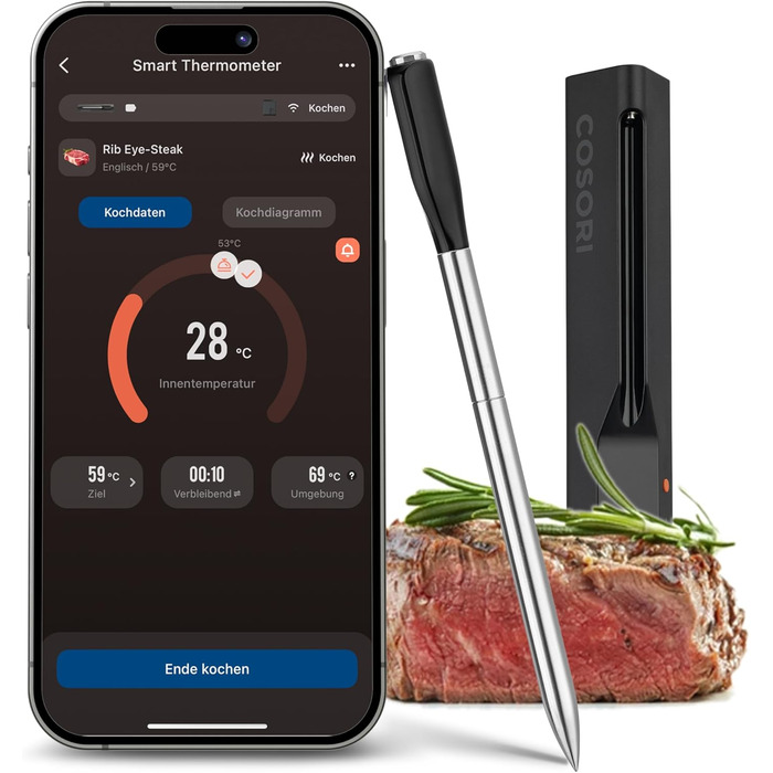 Термометр для м'яса COSORI Smart - бездротовий, Bluetooth, для фритюрниці, приготування на грилі та духовці, чорний