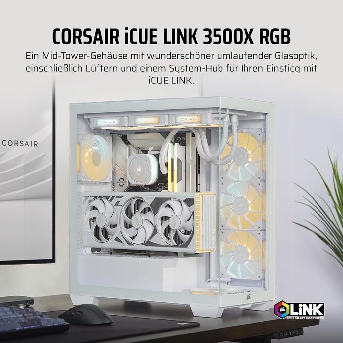 Корпус для ПК CORSAIR iCUE LINK 3500X RGB, середній ATX, білий, загартоване панорамне скло, сумісний з реверсивним підключенням материнської плати, 3 вентилятори RX120 RGB у комплекті