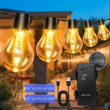LED ліхтарна гірлянда для зовнішнього використання на батарейці з таймером, 9м, 12 лампочок A60, USB зарядка, 5000mAh, для декорування саду, вікна, сходи, весілля
