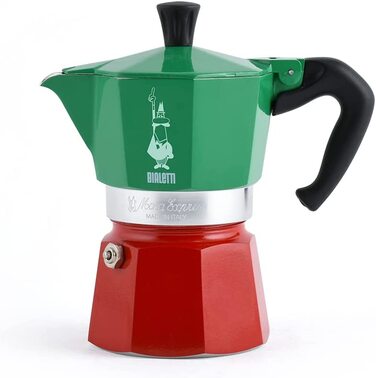Кавоварка Bialetti Moka Express Italia, 3 чашки, алюмінієва, червоно-зелено-срібляста, класична еспресо-турка для плити