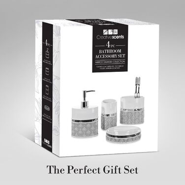 Набір аксесуарів для ванної кімнати Creative Scents – Білий та сірий, 4 предмети (дозатор мила, мильниця, тримач для зубних щіток, чашка)