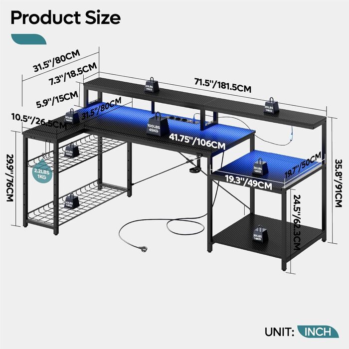 Ігровий стіл Bestier L-подібний 181x80 см з LED підсвіткою, розетками та USB, чорний карбон