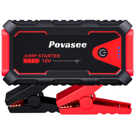 Пусковий пристрій (бустер) Povasee Starthilfe Powerbank 5000A для авто 12V, LCD-дисплей, USB-порти, для бензинових та дизельних двигунів до 10л, червоний