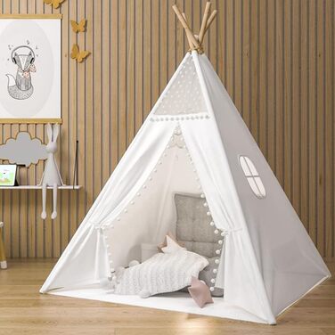 Kinder Tipi Zelt - класичне індіанське ігрове намет для дітей, бавовняний намет для дівчаток та хлопчиків з сумкою, складане ігрове домік для дому або на вулицю (A1)