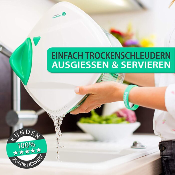 Салатниця з центрифугою Freegreen Germany 5л - біла, з рецептами та кришкою для зливу води