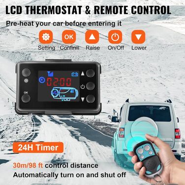 Автономний дизельний опалювач VEVOR 12V 8kW з LCD-дисплеєм та пультом дистанційного керування, 0.16-0.62 л/год, чорний