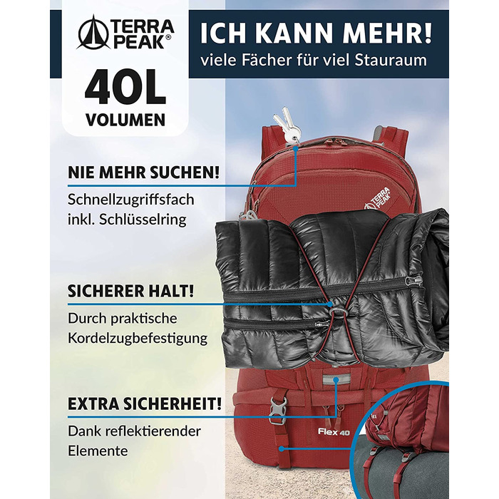 Туристичний рюкзак Terra Peak Flex 40 л, преміум, з вентиляцією спини, дощовиком і кріпленням для гідратора, 3D Air Mesh, з поясом, для трекінгу, темно-червоний
