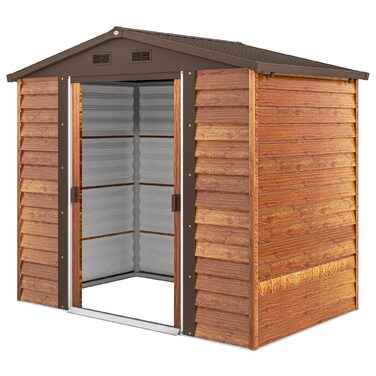 Садовий сарай Outsunny Metal з дерева Look 3 м² 152 x 235.7 x 208.7 см Садовий сарай з двосхилими мансардними вікнами Подвійні розсувні двері Стійкий до погодних умов садовий сарай Відкритий садовий сарай для заднього двору коричневий