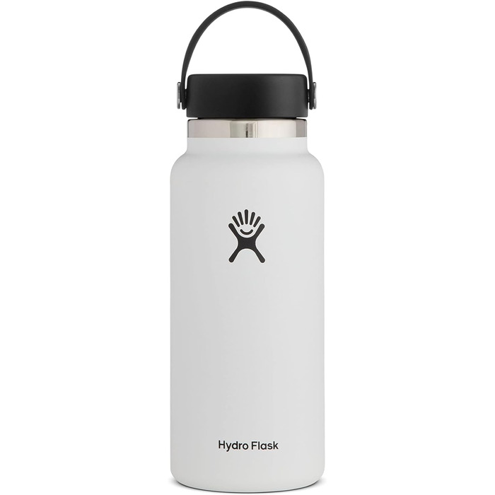 Термобутилка Hydro Flask з нержавіючої сталі, вакуумна ізоляція, велика шийка, герметична кришка Flex Cap, 946 мл, біла і чорна