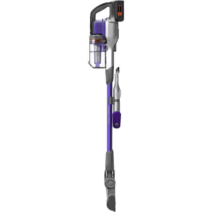 Акумуляторний пилосос BLACK+DECKER 4в1 для дому та тварин, 36В, 2.0А·год, без мішка, з електрощіткою для шерсті, 2в1 щілинна насадка, настінне кріплення, сріблясто-фіолетовий