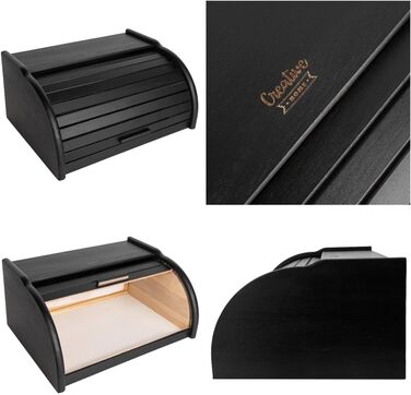 Дерев'яний хлібниця Creative Home Schwarz з роллетною кришкою, 38x28,5x17,5 см – натуральна скринька для зберігання хліба, булочок та випічки для кухні