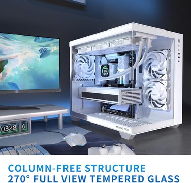 MUSETEX Y6 ігровий ATX корпус для ПК, білий, 270° огляд, загартоване скло, підтримка радіатора 360 мм, 3 встановлені вентилятори, Type-C