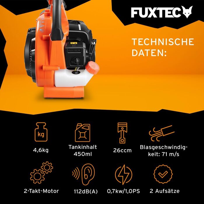 Бензиновий листозбирач/подрібнювач FUXTEC FX-LBS126 4в1 з 2 повітропроводами та мішком 45л – потужний, протестований, швидкість 71 м/с