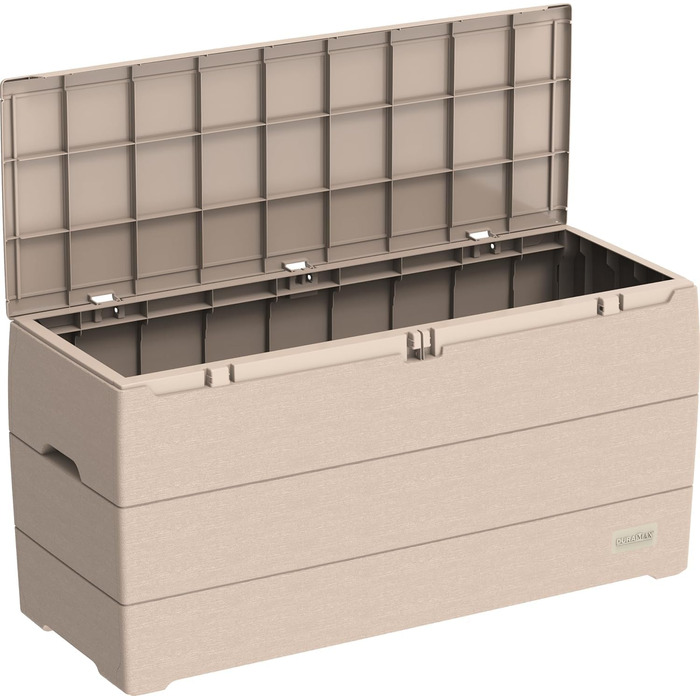 Duramax Cedargrain Durabox 270л: пластиковий органайзер для саду з колесами та ручками, короб для подушок, теплий сірий колір