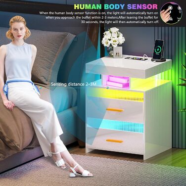Нічний столик Lvifur з LED-підсвічуванням, сенсором руху та USB/Type-C зарядкою, 2 висувні ящики, бездротова зарядка, 3 кольори, регулювання яскравості, чорний колір