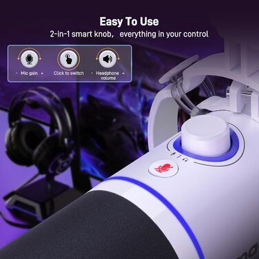 MAONO XLR/USB динамічний мікрофон для подкастів, RGB підсвітка, з програмним забезпеченням, кнопка вимкнення звуку, регулятор гучності, підвіс для стрімінгу, ігор, озвучення, запису, PD200XS, білий