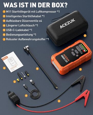 Пусковий пристрій ACEZUK 9000A з компресором 160 PSI та павербанком, помаранчевий