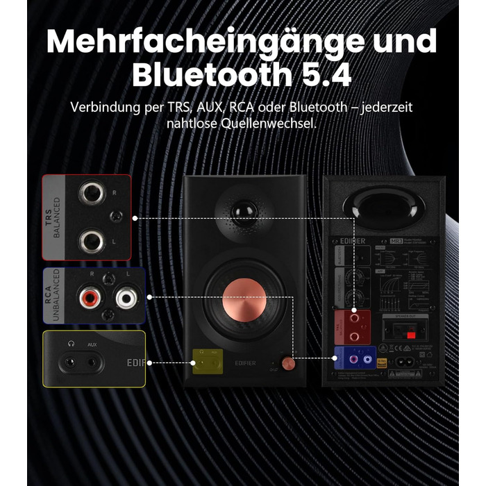 Edifier MR3 - Компактні студійні колонки 2.0, Hi-Res Audio, Bluetooth 5.4, RCA, AUX, керування через додаток, 2 x 18W, Чорний