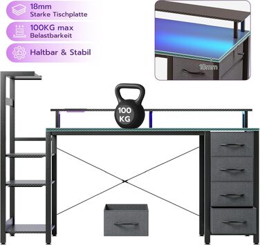 Ігровий стіл APICIZON 150 см з поличкою, підставкою під монітор та RGB-підсвіткою, чорний. Комп'ютерний стіл з USB, тримачем для навушників та підставки для чашки, карбоновий дизайн
