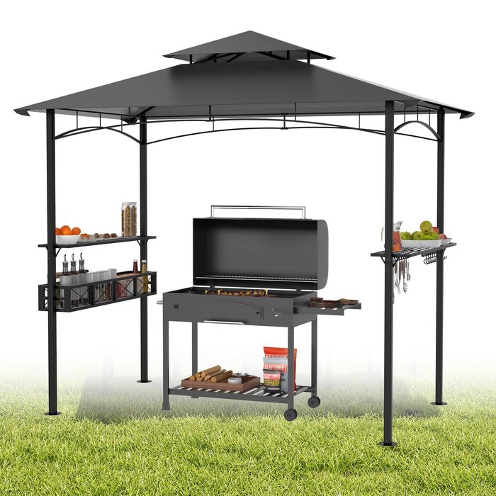 Альтанка для барбекю з подвійним дахом 245x153x250 см, водонепроникна, вогнестійка, сіра. З кошиком для зберігання. Садовий павільйон для вечірок, BBQ