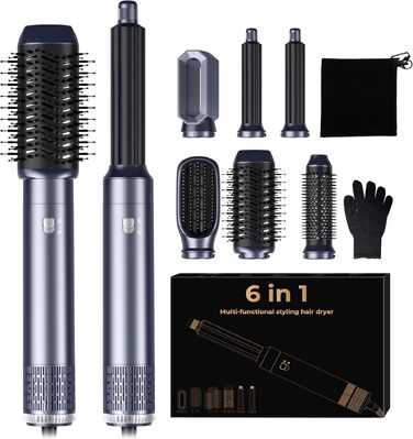 Багатофункціональний стайлер для волосся Haarstyler 6-в-1: фен-щітка, випрямляч, плойка, насадки для об'єму та локонів, блакитно-золотий