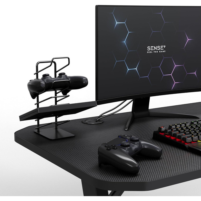Ігровий стіл SENSE7 Nomad Basic 140x60 см, комп'ютерний стіл з гачком для навушників, підстаканником, тримачем для контролера, ергономічний, карбонова поверхня