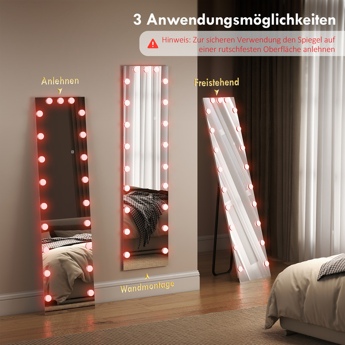 Дзеркало у повний зріст 150x40 см з RGB-підсвіткою LED, настінне/підлогове, з 21 лампочкою, 7 кольорів підсвітки, сенсорне керування, функція пам'яті.