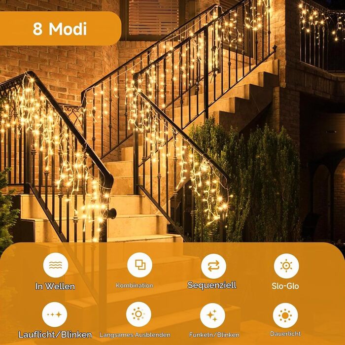 Світлодіодна гірлянда-завіса WOWDSGN «Бурульки» для вулиці, 40м, 1760 LED, теплий білий колір, 8 режимів роботи, IP44 водонепроникна, для даху та тераси