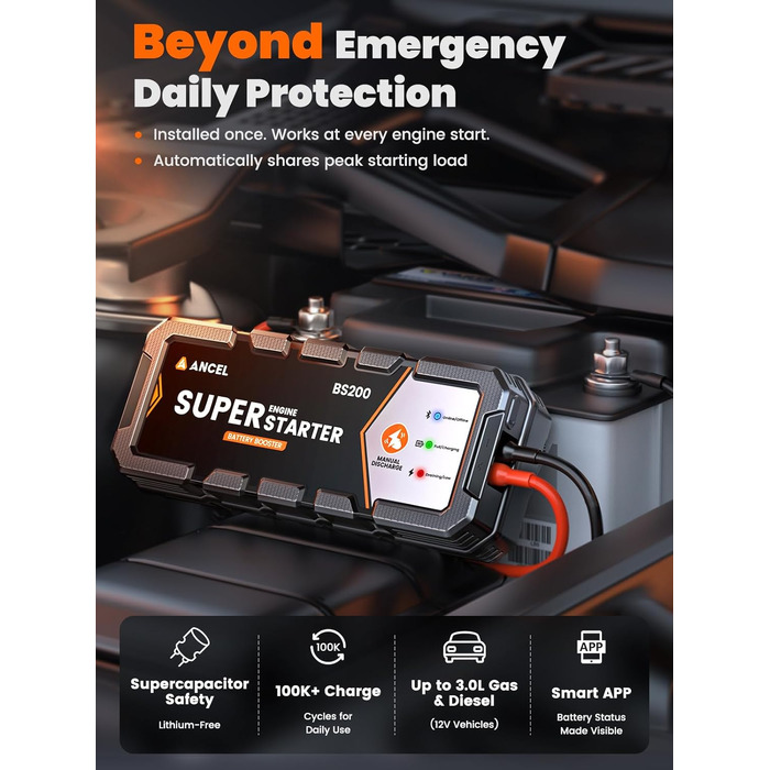 Бустер для автомобіля ANCEL BS200: автоматичний пусковий пристрій (Jump Starter) з конденсатором, 700А, монітор стану та підтримка акумулятора, чорний