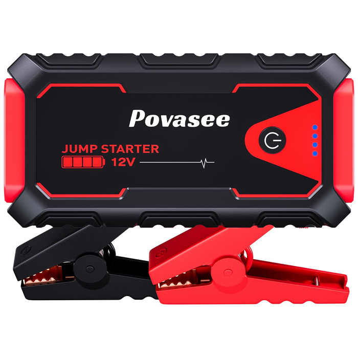 Пусковий пристрій (бустер) Povasee Starthilfe Powerbank 5000A для авто 12V, LCD-дисплей, USB-порти, для бензинових та дизельних двигунів до 10л, червоний