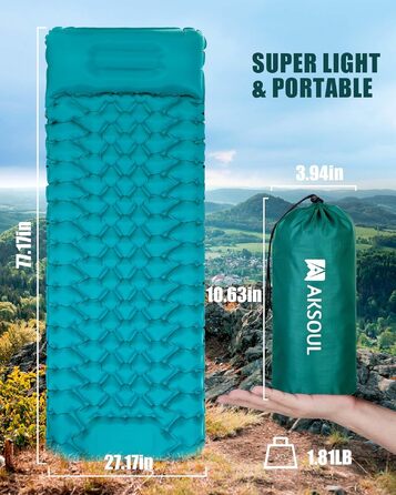 Самонадувний кемпінговий килимок AKSOUL Outdoor: ультралегкий надувний матрац з подушкою, термоізоляційний складний килимок для намету, трекінгу та пляжу, 10 см, колір павлин