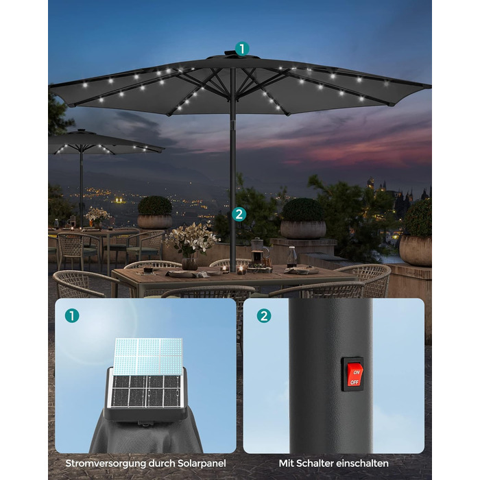 Сонячна парасолька SONGMICS 300 см з LED-підсвіткою, 32 лампочки, сонцезахист UPF 50+, нахил 30°, для саду, тераси, басейну, балкона, без основи, сіра