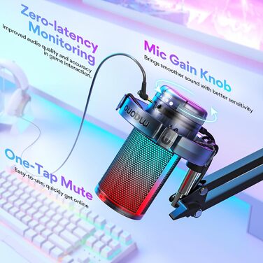 MAONO ігровий USB конденсаторний мікрофон з шумозаглушенням, RGB підсвічуванням для стрімінгу, подкастів, YouTube, Discord, Plug and Play, для ПК, Mac, PS4, PS5, DGM20S Black Crystal