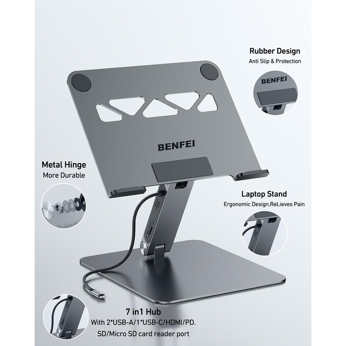 Підставка для ноутбука BENFEI з док-станцією 7-в-1 USB-C: HDMI 4K@60Hz, SD/MicroSD, Power Delivery 100W, USB 3.2 10Gbps для MacBook Pro/Air, iPad Pro, XPS, ThinkPad
