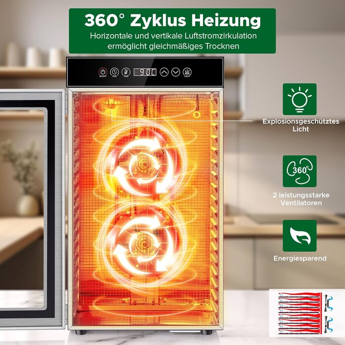 Сушарка для продуктів Kwasyo Edelstahl 750W з 18 рівнями, цифровим таймером, регулюванням температури та захистом від перегріву. Професійна дегідратор для фруктів, овочів, м'яса