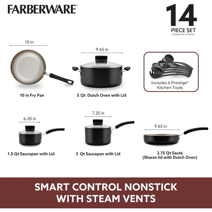 Набір посуду Farberware Smart Control з антипригарним покриттям, 14 предметів, Чорний