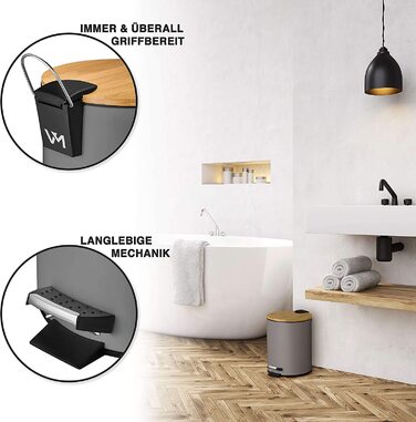 Косметичне відро VMbathrooms 5 л, сіре, з м'яким закриттям, бамбукова кришка, для ванної кімнати