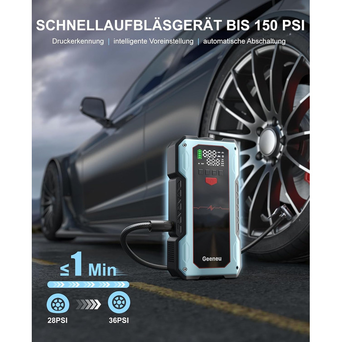 Бустер для авто Starthilfe Powerbank 6000A: пусковий пристрій з компресором 150 PSI, 12V для бензинових (до 9л) та дизельних (до 7.5л) двигунів, синій