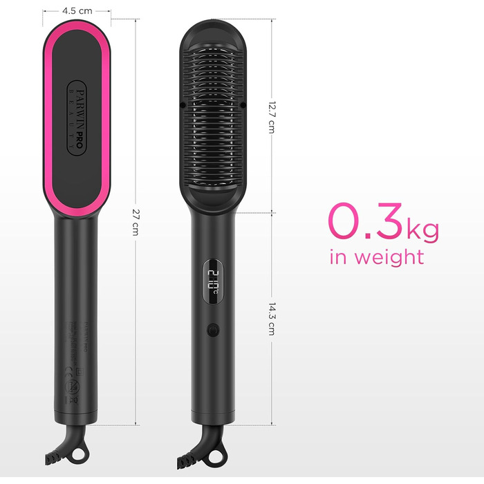 Іонна щітка-випрямляч для волосся PARWIN PRO BEAUTY, з LED-дисплеєм, захистом від опіків, швидким нагріванням за 20 секунд, 4 температурні режими, чорна