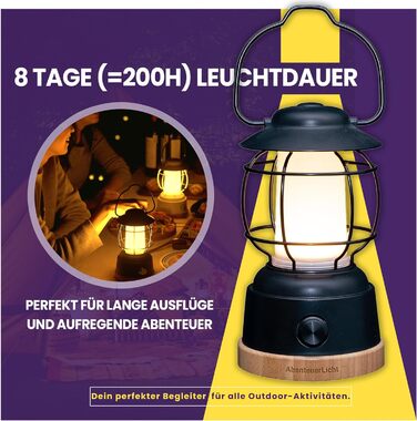 Вуличний LED ліхтар для кемпінгу з акумулятором, водонепроникний, 200 годин світіння, плавне регулювання яскравості, 2 кольорові температури (тепла та холодна), 390 люмен, USB зарядка