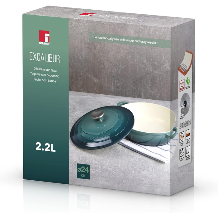 Каструля низька BERGNER Excalibur 24 см з кришкою, алюмінієва, для індукції та духовки, зелена