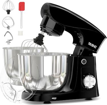Кухонна машина YASHE 1500W з 2 чашами (4,5L та 5L), 10 швидкостей, нахилений корпус, з гаком для тіста, вінчиком та набором насадок, мультифункціональна