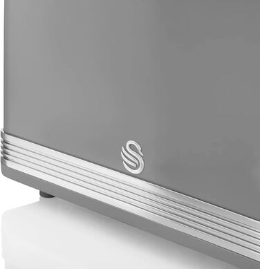 Тостер Swan Retro ST19010GRNEU на 2 скибки, широкий слот, вінтажний дизайн, 3 функції (розморожування, підігрів, скасування), 6 режимів, нержавіюча сталь, сірий, 815 Вт
